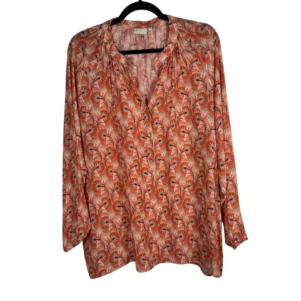Spartina 449 Cora silk flower printed orang, long sleeves, light￼blouse size XXL